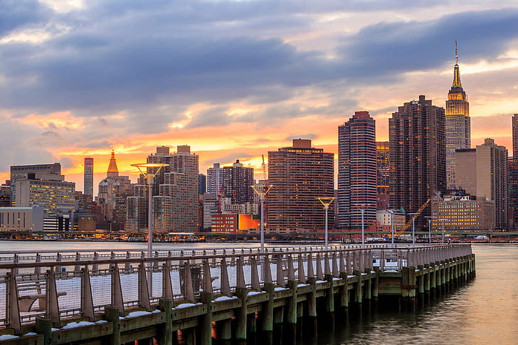 wolken, himmel, new york city, usa, fluss, promenaden, pier, wolkenkratzer, schnee, HD-Hintergrundbild