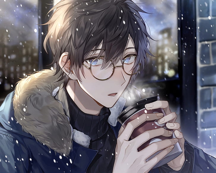 Anime, original, svart hår, blå ögon, pojke, glasögon, snöfall, HD tapet