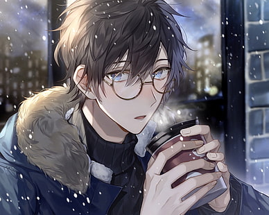 Anime, originali, capelli neri, occhi azzurri, ragazzo, occhiali, nevicate, Sfondo HD HD wallpaper