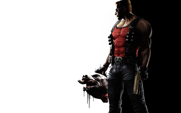 Duke Nukem HD เสื้อกล้ามผู้ชายสีแดงยีนส์สีน้ำเงินและปืนวิดีโอเกม Duke Nukem, วอลล์เปเปอร์ HD