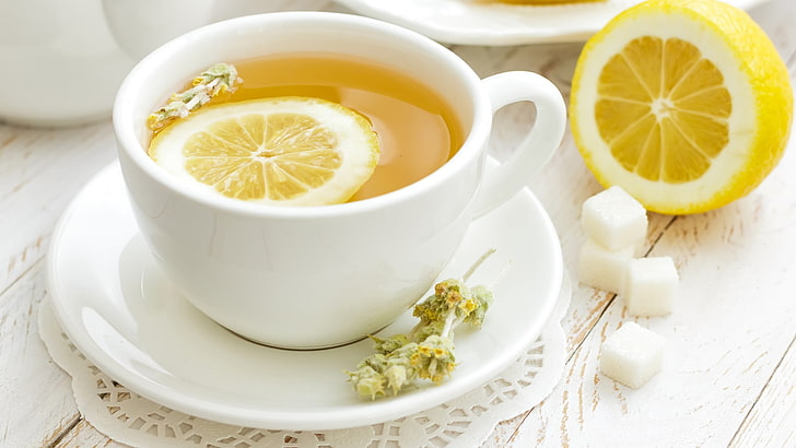 xícara de chá branca e limão, chá, comida, limões, açúcar, HD papel de parede