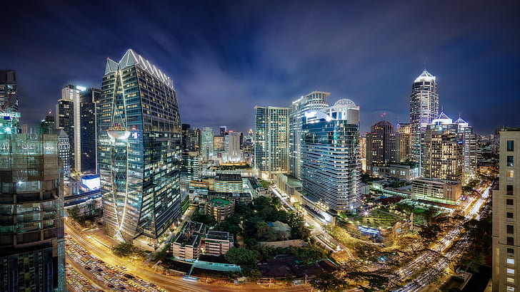 night, the city, lights, Thailand, Bangkok, HD wallpaper