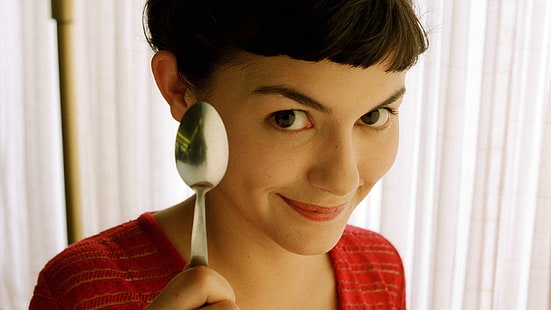 Audrey Tautou as Amelie, stainless steel spoon, audrey, tautou, amelie, movies, HD wallpaper HD wallpaper
