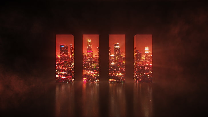 Cityscape, Red, LED, 4K, Dark, Wall, Reflections, Cubic, HD wallpaper
