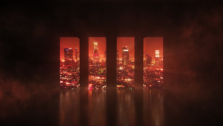 Cubic, Cityscape, Wall, Red, Dark, Reflections, LED, 4K, HD wallpaper