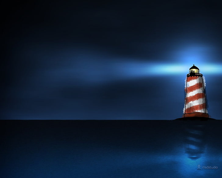 lighthouse and body parts of water illustration, Vladstudio, lighthouse, sea, reflection, artwork, HD wallpaper