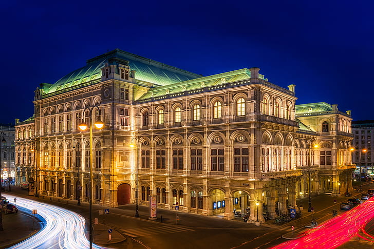 noc, światła, budynek, ulica, dom, fragment, Austria, ulica, pałac, opera, Wiedeń, Staatsoper, Tapety HD