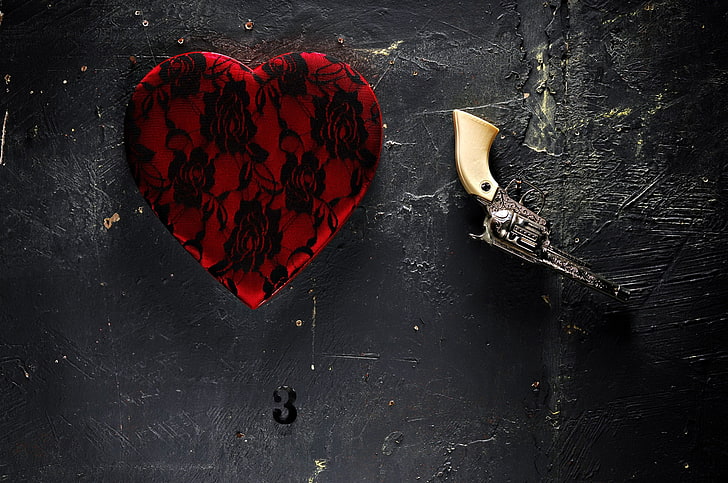 coração, números, arma, ainda vida, vermelho, HD papel de parede