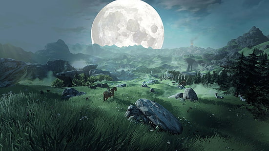 Gemälde, Mond, Die Legende von Zelda: Breath of the Wild, Fantasy-Kunst, Die Legende von Zelda, Link, Landschaft, Rock, HD-Hintergrundbild HD wallpaper
