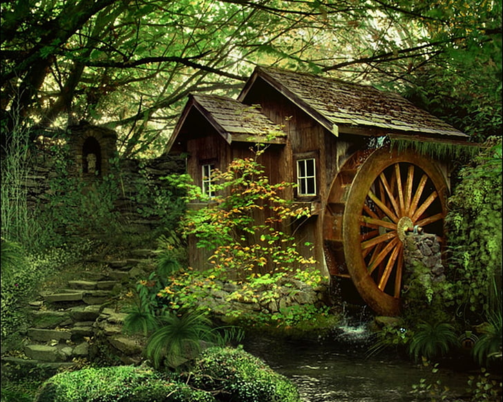 green trees forests home houses watermills Architecture Houses HD Art , Green, Trees, HD wallpaper