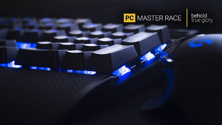 bleu, PC Master Race, art numérique, ordinateur, matériel, souris d'ordinateur, jeux PC, claviers, typographie, lumières, souris d'ordinateur, technologie, Master Race, Fond d'écran HD