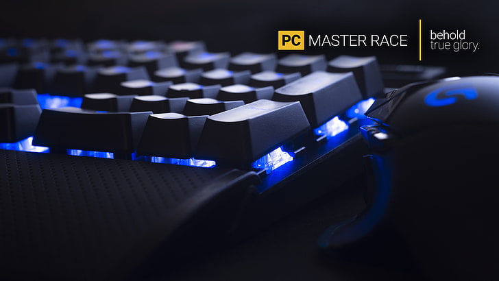 black Logitech gaming keyboard and mouse, PC gaming, Master Race, keyboards, technology, computer mice, hardware, computer, PC Master  Race, computer mouse, lights, typography, blue, digital art, HD wallpaper