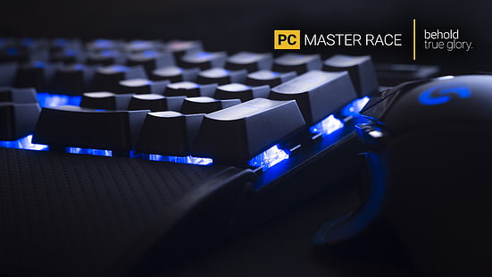 black Logitech gaming keyboard and mouse, PC gaming, Master Race, keyboards, technology, computer mice, hardware, computer, PC Master  Race, computer mouse, lights, typography, blue, digital art, HD wallpaper HD wallpaper