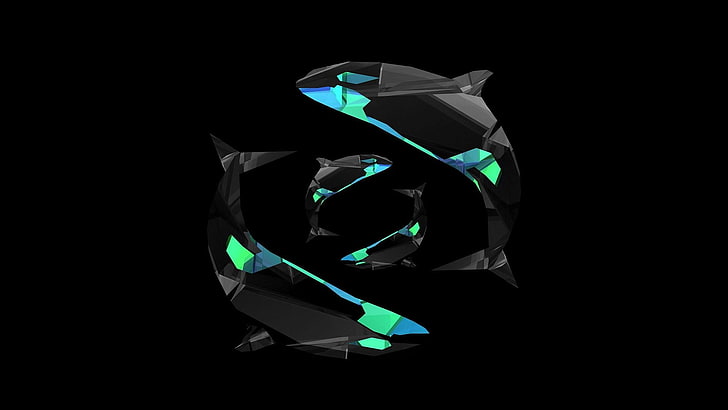 черные и разноцветные цифровые обои Orca, цифровое искусство, минимализм, простой фон, животные, дельфин, низкополигональная, 3D, черный фон, HD обои