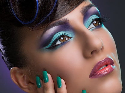 woman's face, eyelashes, hand, hairstyle, lips, shadows, brown eyes, manicure, girl. makeup, HD wallpaper HD wallpaper