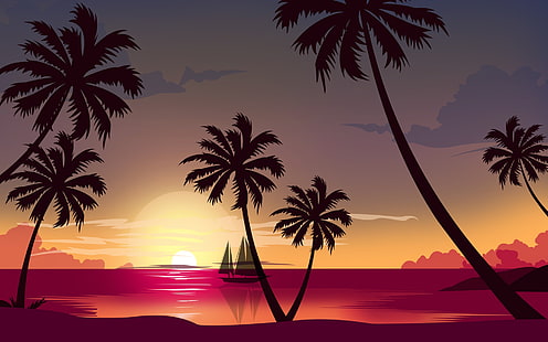  Sunset, The sun, The ocean, Sea, Beach, Minimalism, Palma, Ship, Style, Palm trees, 80s, Ocean, Illustration, Palm, 80's, Retrowave, Synthwave, New Retro Wave, by Aayush Shah, Aayush Shah, HD wallpaper HD wallpaper