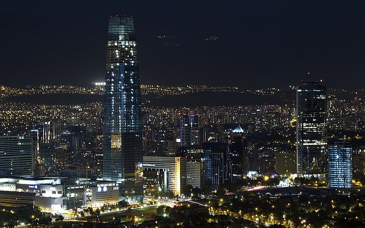 architecture, building, Cityscape, landscape, Lights, Metropolis, Modern, night, Santiago De Chile, Skyscraper, Urban, HD wallpaper