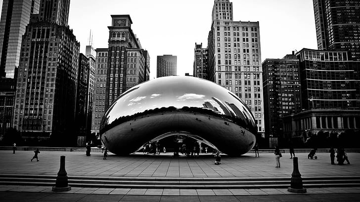 Cloud Gate, Chicago, foto en escala de grises de Cloud Gate Chicago, mundo, 2560x1440, ciudad, Chicago, Illinois, Cloud Gate, Fondo de pantalla HD