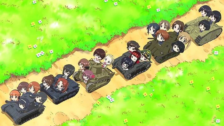 Girls und Panzer, Nishizumi Miho, Erwin (Girls und Panzer), Caesar (Girls und Panzer), Akiyama Yukari, Takebe Saori, Reizei Mako, Isuzu Hana, Sfondo HD