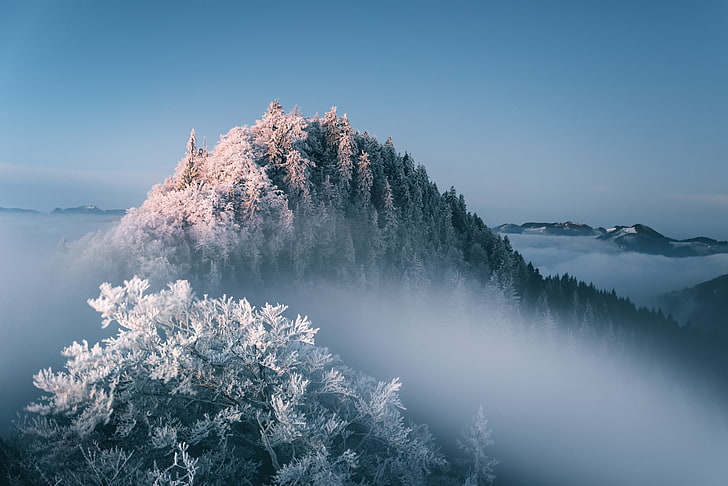 бяла мъгла над планини, природа, пейзаж, зима, HD тапет