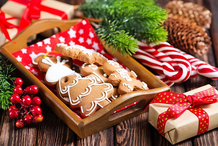 neve, decorazione, giocattoli, albero, Capodanno, biscotti, Natale, regali, felice, legno, buon Natale, Natale, regalo, pan di zenzero, celebrazione delle vacanze, Sfondo HD