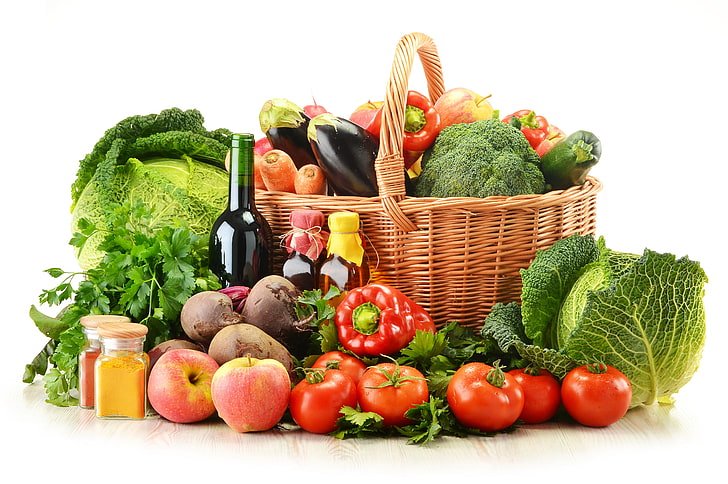 variety of vegetable lot, GREENS, BOTTLE, BASKET, RED, PEPPER, TOMATOES, CUCUMBERS, CARROTS, CABBAGE, VEGETABLES, OIL, APPLES, WINE, ZUCCHINI, BEETS, EGGPLANT, SEASONING, SPICES, BROCCOLI, HD wallpaper