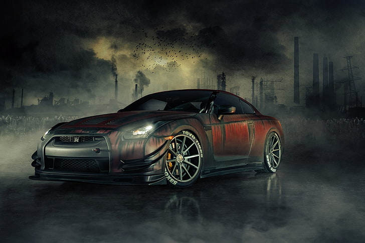 Ilustración cupé rojo y negro, Nissan GTR, coche, llantas, Fondo de pantalla HD