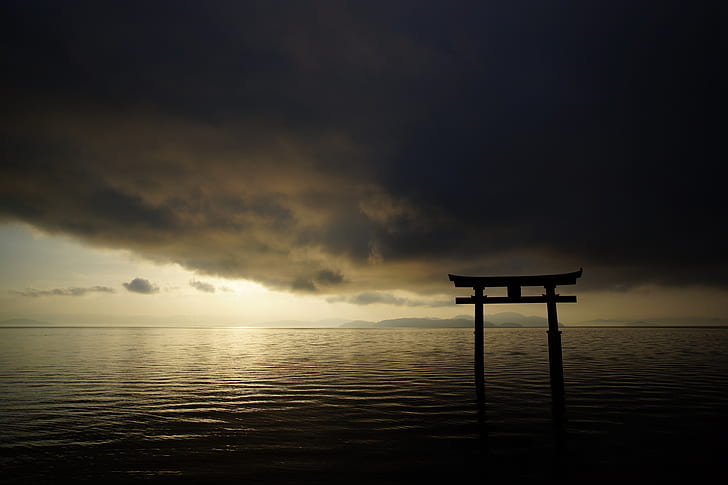 the sky, clouds, landscape, the ocean, gate, Japan, torii, HD wallpaper