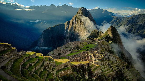Archeology, landscape, Machu Picchu, mist, mountain, nature, Peru, Ruin, sunrise, World Heritage Site, HD wallpaper HD wallpaper
