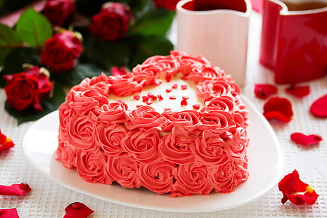gâteau en forme de coeur, amour, vacances, thé, coeur, café, aliments, roses, bouquet, coupe, gâteau, rose, crème, dessert, fleurs, bonbon, tasses, Fond d'écran HD HD wallpaper