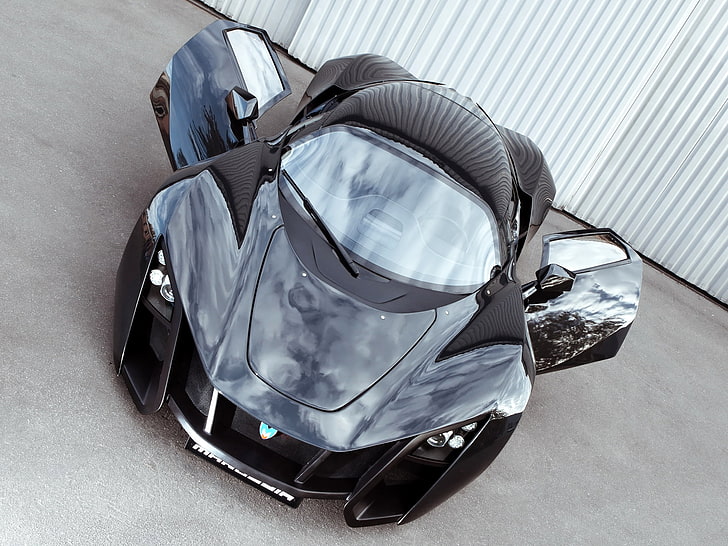 black sports coupe, marussia, b2, black, supercar, front view, doors, HD wallpaper