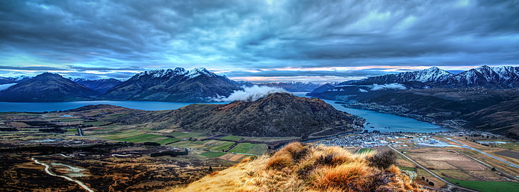 Panorama Over Queenstown, aerial photography of mountain and river at daytime, Oceania, New Zealand, Landscape, Lake, Mountains, queenstown, Wakatipu, HD wallpaper