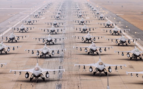Многоцелевые истребители F-16, аэропорт, взлетно-посадочная полоса, F, 16, многоцелевые истребители, самолеты, аэропорт, взлетно-посадочная полоса, HD обои HD wallpaper