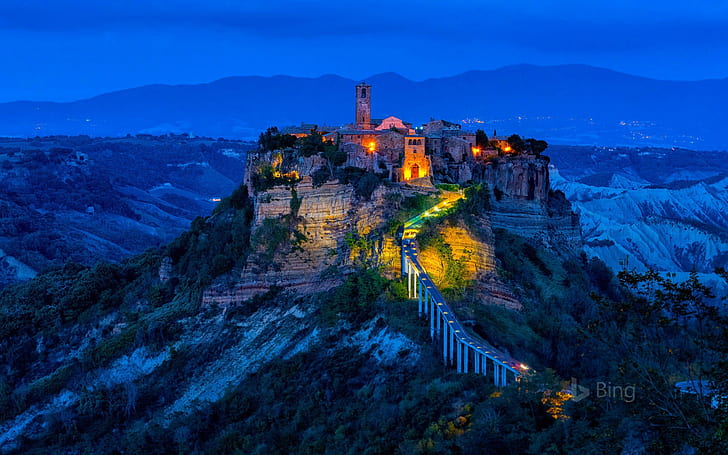 noche, luces, roca, torre, pueblo, Italia, Civita di Bagnoregio, Fondo de pantalla HD