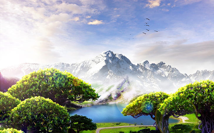 Vacker drömvärld, sjö, berg, träd, fåglar, moln, vacker, dröm, värld, sjö, berg, träd, fåglar, moln, HD tapet