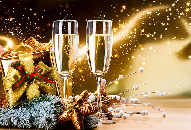 flûtes à champagne en verre clair, décoration, cadeau, Nouvel An, verres, champagne, Happy, Fond d'écran HD