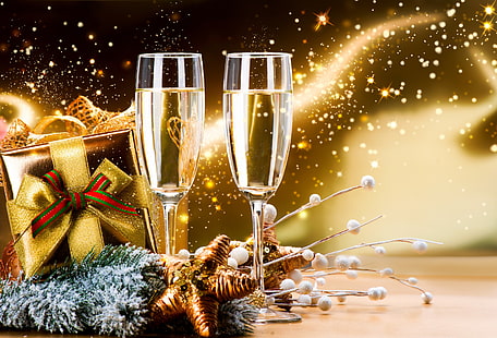 dos copas de champán de cristal transparente, decoración, regalo, año nuevo, copas, champán, feliz, Fondo de pantalla HD HD wallpaper