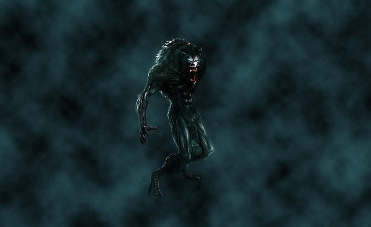 black monster illustration, werewolf, mouth, fangs, flying, fog, HD wallpaper