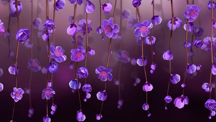 紫色の花がぶら下がっている装飾の多く、光、背景、茎、春、花びら、おしべ、つぼみ、写真、紫色の花、 HDデスクトップの壁紙