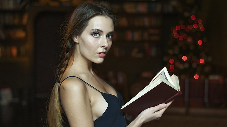 Amina Katinova, women, face, portrait, books, depth of field, sideboob, HD wallpaper