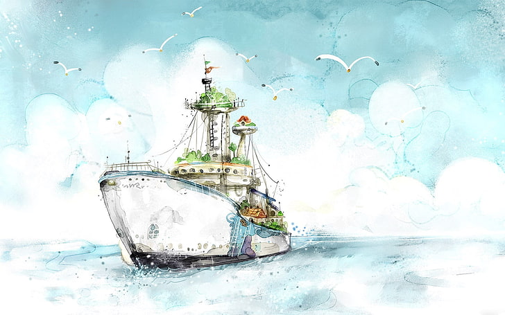 бело-зеленая картина с лодкой, рисунок, корабль, чайки, HD обои