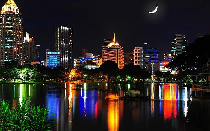 city buildings digital wallpaper, thailand, bangkok, city, night, home, lights, water, reflection, month, HD wallpaper