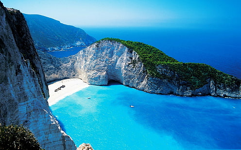 krajobraz, zatoka Navagio, plaża Navagio, Grecja, zatoka, morze, klif, góry, Tapety HD HD wallpaper