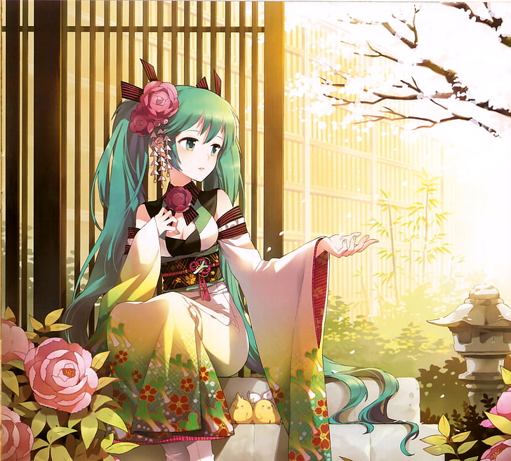 Hatsune Miku illustration, hatsune miku, girl, two tails, flowers, petals, trees, hair, flower, HD wallpaper