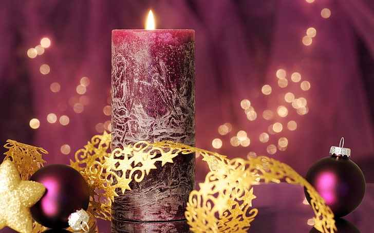 Holiday, Christmas, Bauble, Bokeh, Candle, Decoration, Golden, Purple, HD wallpaper