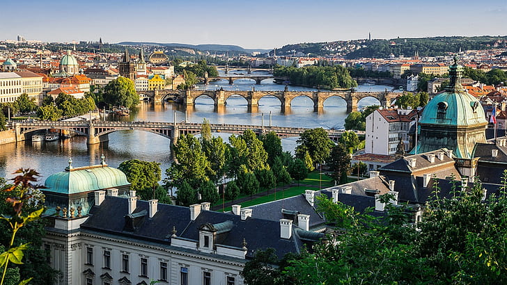 Praga, República Checa, ciudad, río Vltava, puentes, casas, Praga, República Checa, ciudad, Vltava, río, puentes, casas, Fondo de pantalla HD