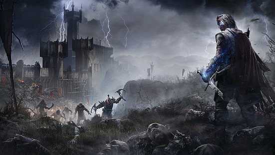the storm, fog, magic, sword, warrior, Ghost, armor, fortress, corpses, Ranger, Warner Bros. Interactive Entertainment, Orcs, Monolith Productions, Talion, Middle-earth: Shadow of Mordor, HD wallpaper HD wallpaper