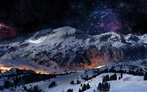 montagnes avec neige fond d'écran numérique, montagnes, espace, étoiles, galaxie, bleu, neige, vallée, paysage, Fond d'écran HD HD wallpaper