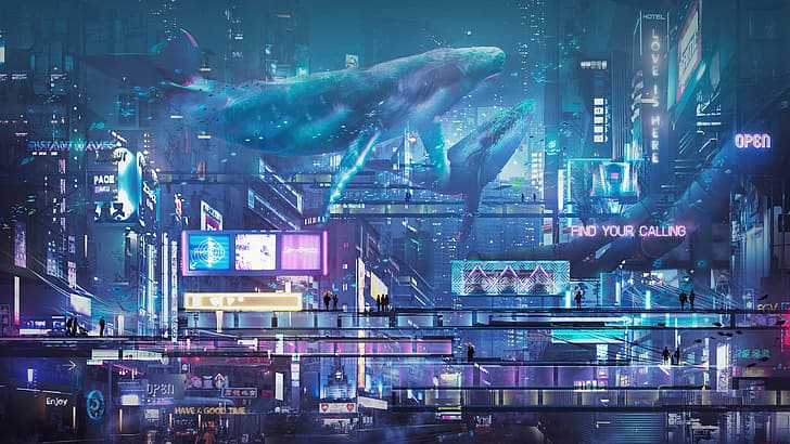 science fiction, blue, high tech, city, Cyberpunk 2077, cyberpunk, whale, pink, neon, HD wallpaper