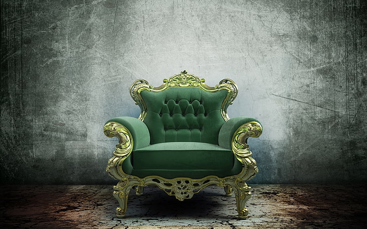 gold and green armchair, chair, room, design, wall, HD wallpaper